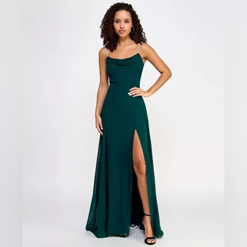 Drape-Neck Faux-Peal-Strap Gown